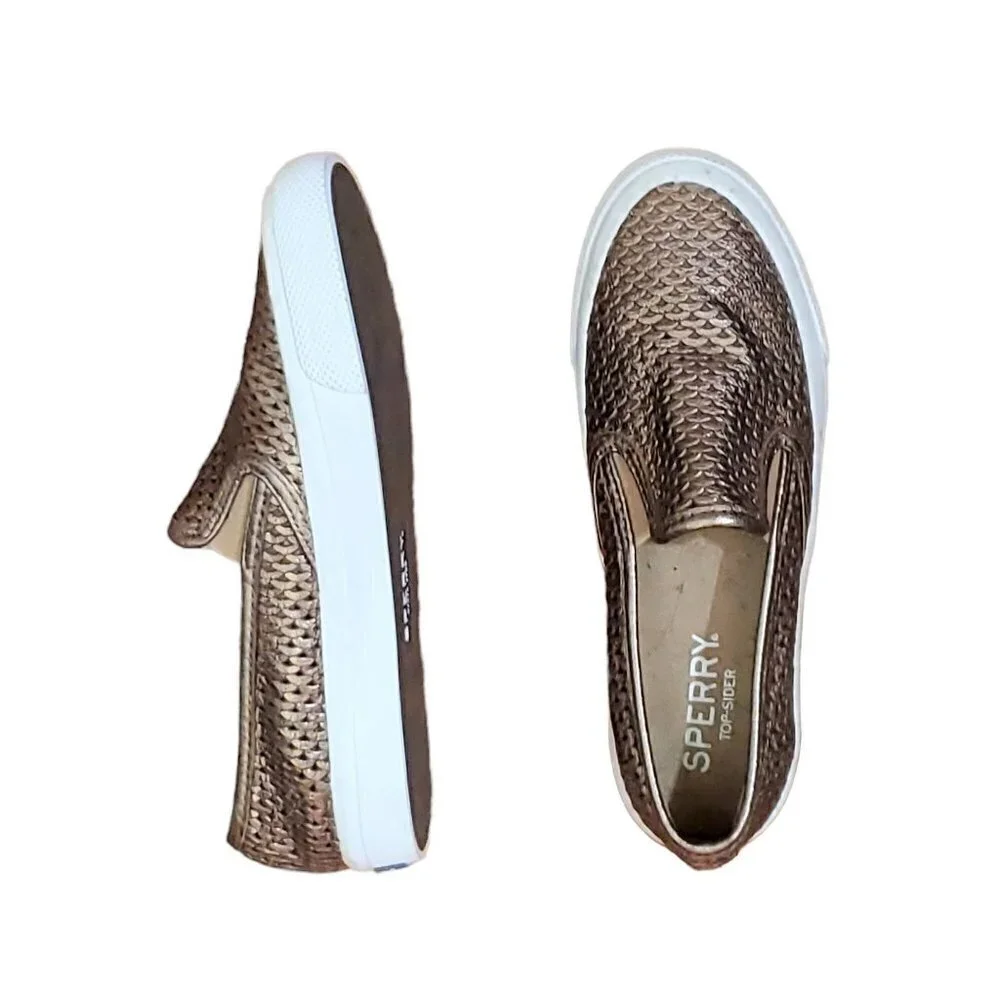 ❤️403 Sperry Seaside Perforated Platinum Metallic Gold Slip-On Sneaker